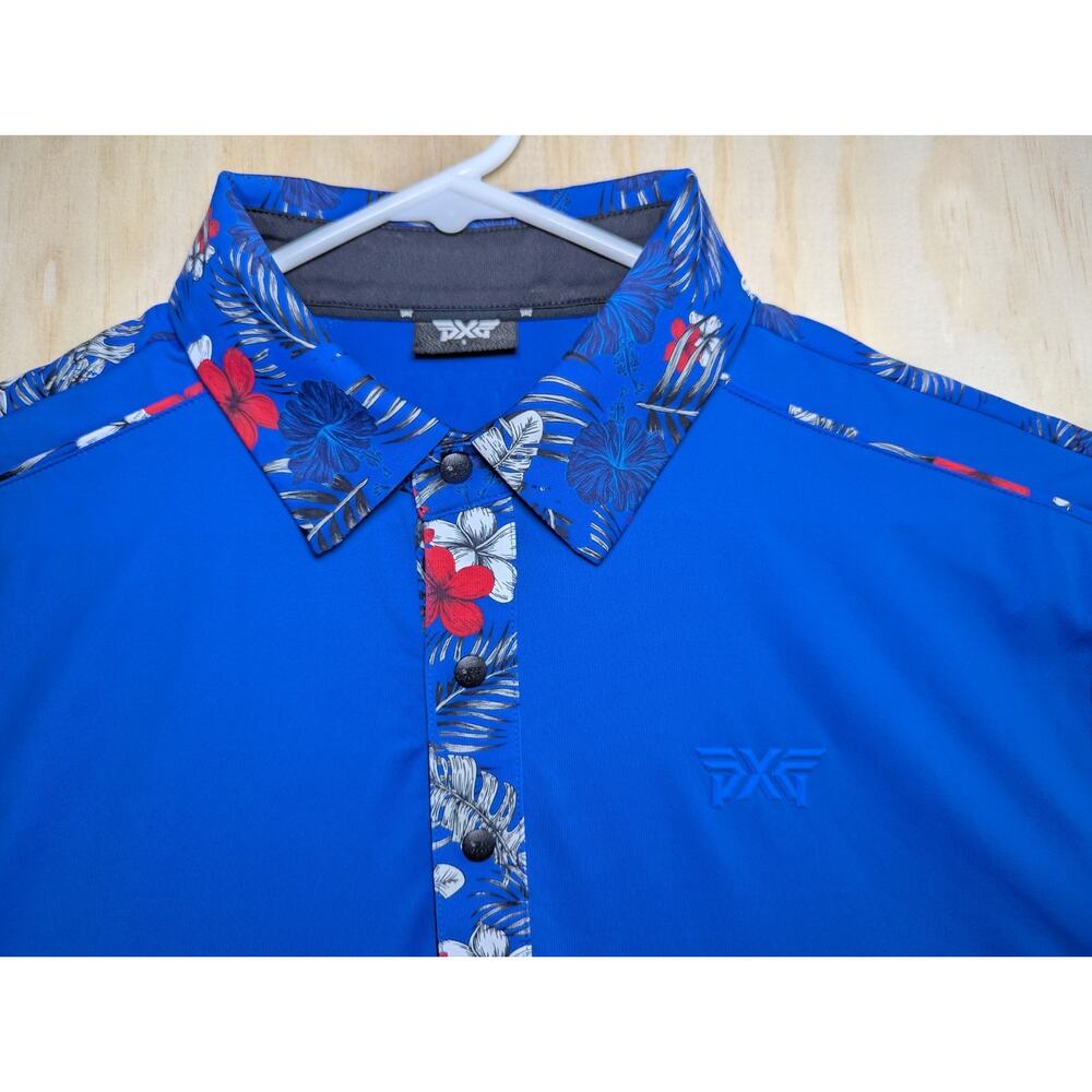 PXG Men's Small Polo Shirt Hawaiian Floral Trim Golf Performance Blue Stretch
